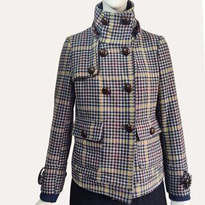 Pepe Jeans Funnel Neck Double Breasted Back Belt Houndstooth Check Jacket Sz S